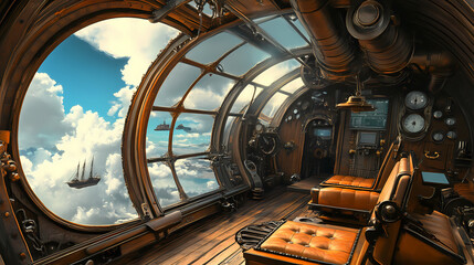 Obraz premium View from inside an airship, steampunk style. ai digital illustration. Steampunk Airship. Illustration