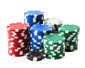 Colorful casino poker chips stacked on a white isolated background.