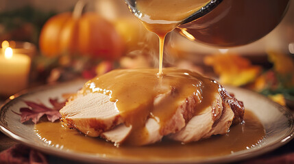 Sliced turkey breast drizzled with rich gravy, surrounded by autumn leaves and warm candlelit ambiance