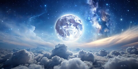 Fototapeta premium A celestial sphere, glowing with ethereal light, illuminates a boundless expanse of fluffy clouds, the stars twinkling in a tapestry of cosmic wonder.