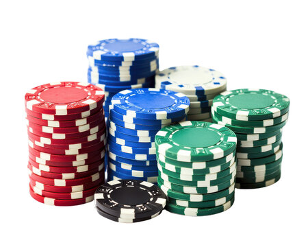Colorful casino poker chips stacked on a white isolated background. - Powered by Adobe