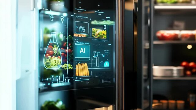 Futuristic Smart Refrigerator Interface in Modern Kitchen