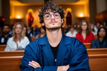 Obraz premium Realistic depiction of a skeptic attending a spiritual healing session, watching the proceedings with crossed arms and a furrowed brow