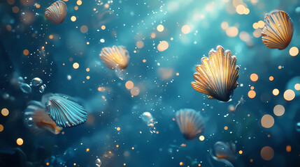 Underwater scene with starlight reflections dancing on mermaid scales and sparkling seashells for a romantic ambiance. Mermaid Kingdom. Illustration