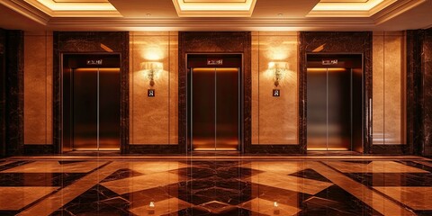 Fototapeta premium luxury three elevators hotel lobby with attractive decoration and elegant floor, captivating dark brown and gold colour 