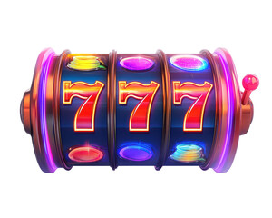 Colorful slot machine reel with vibrant lights and bold '777' symbols.