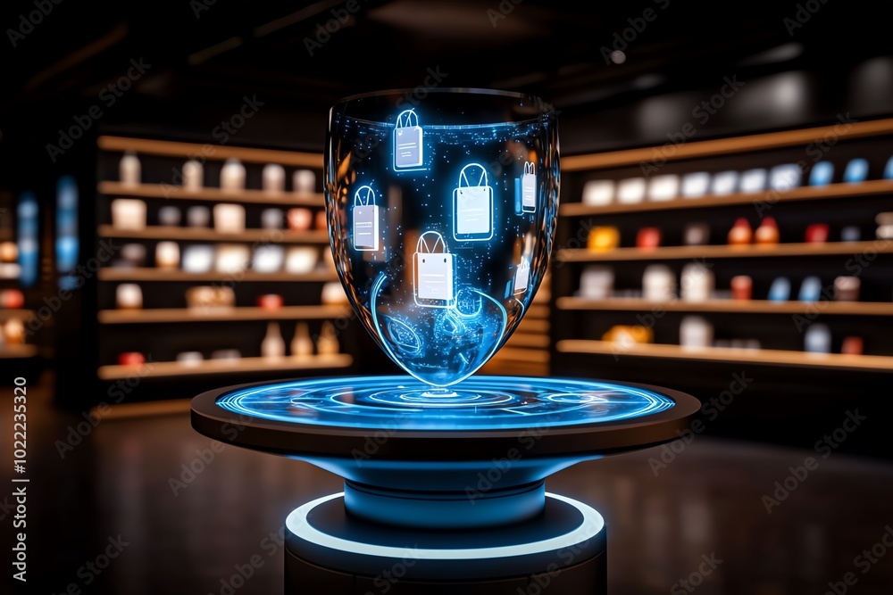 Poster 3D model of a futuristic online shopping experience where products hover as interactive holograms, with detailed lighting and shadows enhancing the virtual environment