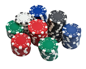 Colorful poker chips stacked on a white isolated background.