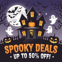 Spooky Halloween Sale:
"Create a spooky Halloween sale banner with a haunted house, bats flying in a moonlit sky, glowing pumpkins and ghosts floating around. Add bold orange text that says, 'Spooky D