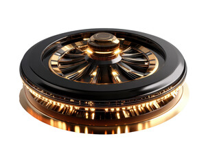 Elegant roulette wheel with gold accents on a black surface, white isolated background.