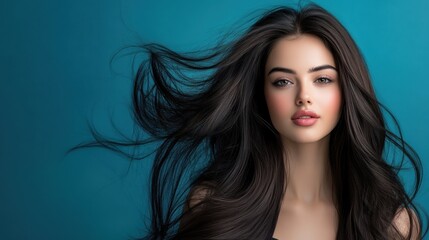 Naklejka premium Stylish Woman with Flowing Hair and Natural Makeup