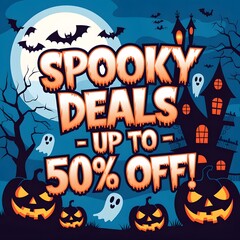 Spooky Halloween Sale:
"Create a spooky Halloween sale banner with a haunted house, bats flying in a moonlit sky, glowing pumpkins and ghosts floating around. Add bold orange text that says, 'Spooky D