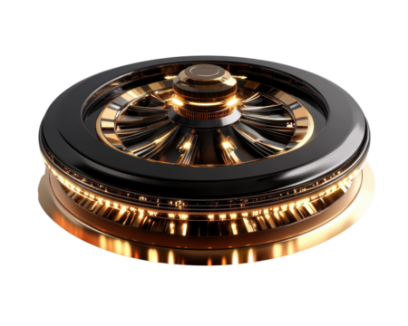 Elegant roulette wheel with gold accents on a black surface, white isolated background. - Powered by Adobe