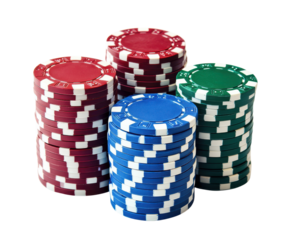 Colorful casino poker chips stacked, isolated on white background.