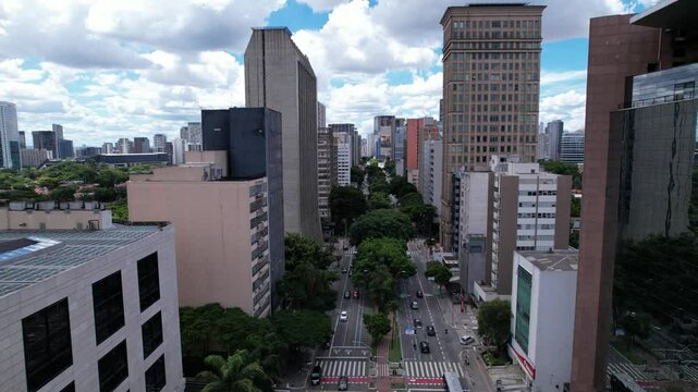 Aerial view of Avenida Brigadeiro Faria Lima, Itaim Bibi. Iconic commercial buildings in the background.