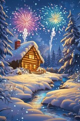Lovely cozy house covered by heavy snow with fireworks in sky in winter.
