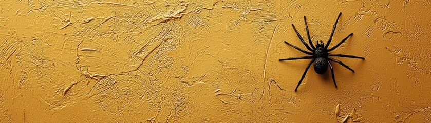 A black spider is positioned on a textured yellow surface, showcasing its intricate body and legs in a contrasting environment.