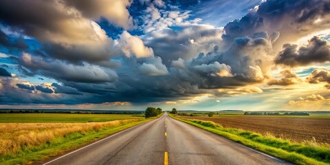 A solitary road stretches towards the horizon, disappearing beneath a dramatic, stormy sky painted with vibrant hues of gold and blue.