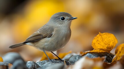 Obraz premium Close-Up of a Small Grey Bird Perched on Rocks in Autumn