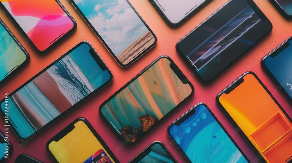 Poster multiple smartphones showcase engaging stories and short clips, creating a lively atmosphere with di