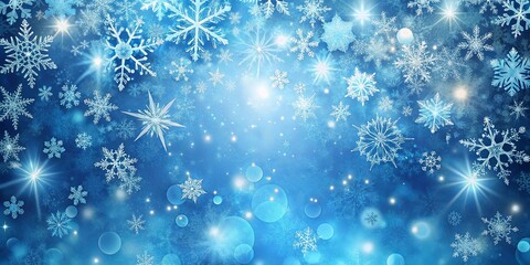 A symphony of snowflakes, delicate and intricate, dance against a backdrop of twinkling lights and soft blue hues, creating an ethereal winter wonderland.