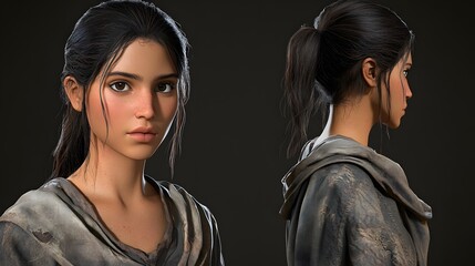 3D rendered portrait of a young woman with dark hair, wearing a hooded cloak.