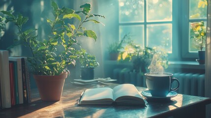 A peaceful morning routine with coffee, a journal, and a meditation space, promoting self-care