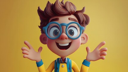 A 3D cartoon boy with brown hair and glasses smiles with arms outstretched.