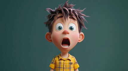 A 3D cartoon boy with brown hair and a yellow plaid shirt looks surprised with his mouth open and wide eyes.