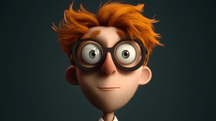 A 3D cartoon character with red hair and glasses, looking at the viewer with a neutral expression.