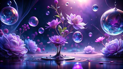 A vibrant floral arrangement with purple blossoms suspended in a dreamlike, ethereal setting of iridescent bubbles and a reflective liquid surface.