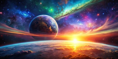 A celestial sunrise over a distant planet, casting a golden glow on swirling clouds and a breathtaking cosmic backdrop