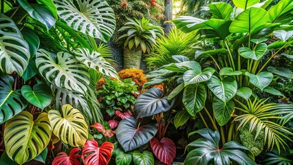 Fototapeta premium A verdant tapestry of lush foliage, where leaves of various shades of green intertwine with vibrant bursts of red, creating a symphony of nature's artistry.