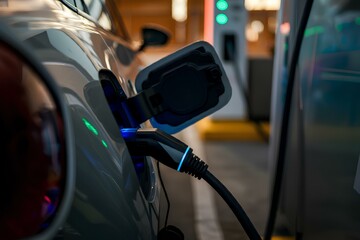 Close up of the power supply plugged into an electric car being charged.｜充電中の電気自動車に接続された電源のクローズアップ