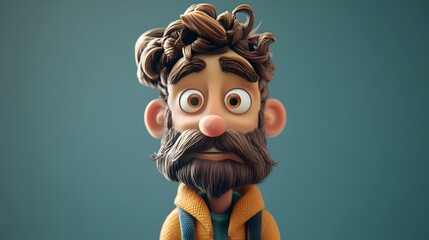 A 3D cartoon man with brown hair, a beard, and a worried expression.