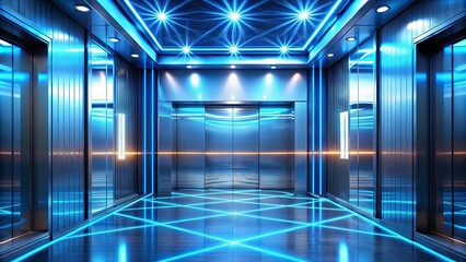 A futuristic elevator hallway bathed in luminous blue light, reflecting off sleek metallic surfaces, creating a sense of otherworldly wonder.