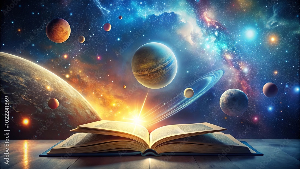 Wall mural a cosmic spectacle unfolds from an open book, illuminating the mysteries of the universe with a cele