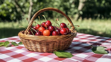 A basket of freshly harvested cherries sitting on a checkered tablecloth outdoors.