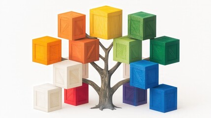 Fototapeta premium Colorful Wooden Crates Growing on Tree Branches Business Growth Concept