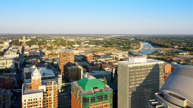 Aerial view of Des Moines, Iowa skyline with slow camera pull back. Des Moines is the capital and most populous city in the U.S. state of Iowa