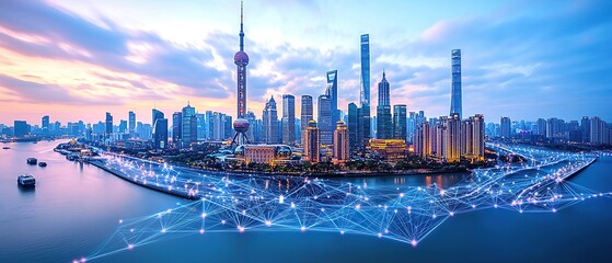 A panoramic view of the Shanghai skyline with a glowing network of connections over the water.