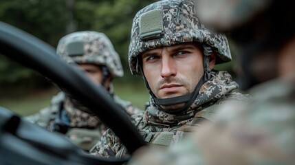 Fototapeta premium Military Soldiers in Camouflage Gear Near Vehicle