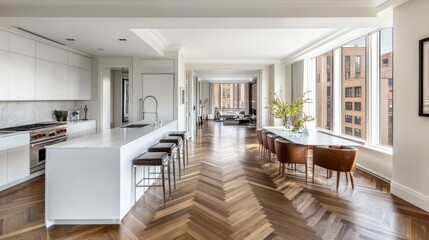 A bright, open-concept kitchen with sleek white cabinetry and polished herringbone parquet flooring.