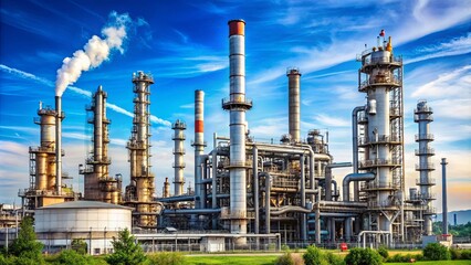 A sprawling industrial complex with towering smokestacks and intricate networks of pipes and platforms, bathed in the warm hues of a setting sun, signifying the relentless rhythm of human industry