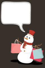 Snowman hanging shopping bags childish style have blank speech bubble graphic illustration. Merry Christmas greeting card vertical template.