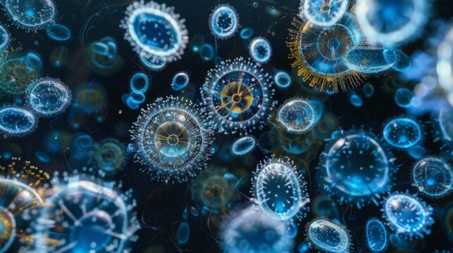 Ancient microbes under microscope reveal intricate cellular structures, showcasing their mysterious and ancient nature, ideal for scientific and educational content.