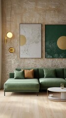 Modern living space with a green sectional sofa, light wooden floors, and gold accent lighting, featuring abstract artwork on a textured wall