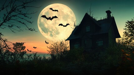 A spooky silhouette of a haunted house with bats against a full moon.