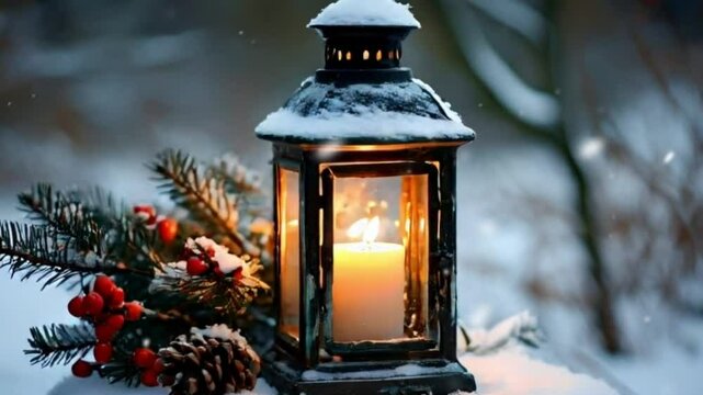 Snowfall around lantern with candle and pine branches in winter night scene.