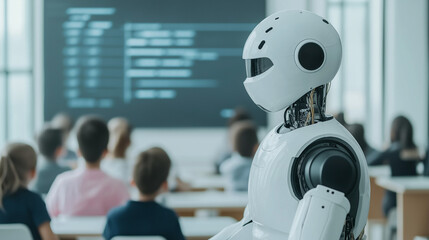 Robot teaching children in modern classroom, digital whiteboard, bright atmosphere